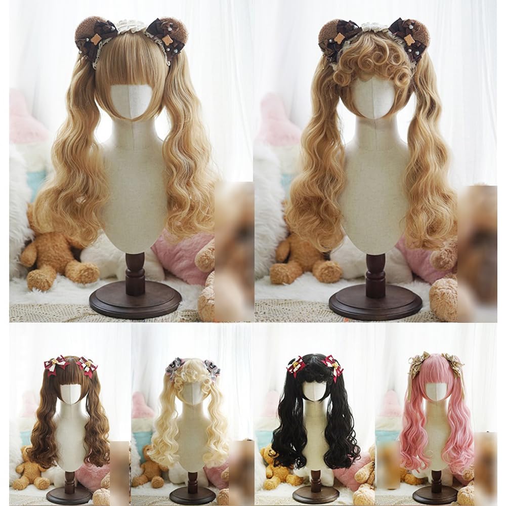 Kawaii Lolita Double Ponytails Wig Long Curly Synthetic Hair Japanese Cosplay Wig for Tea Party Costume Props (Pink)