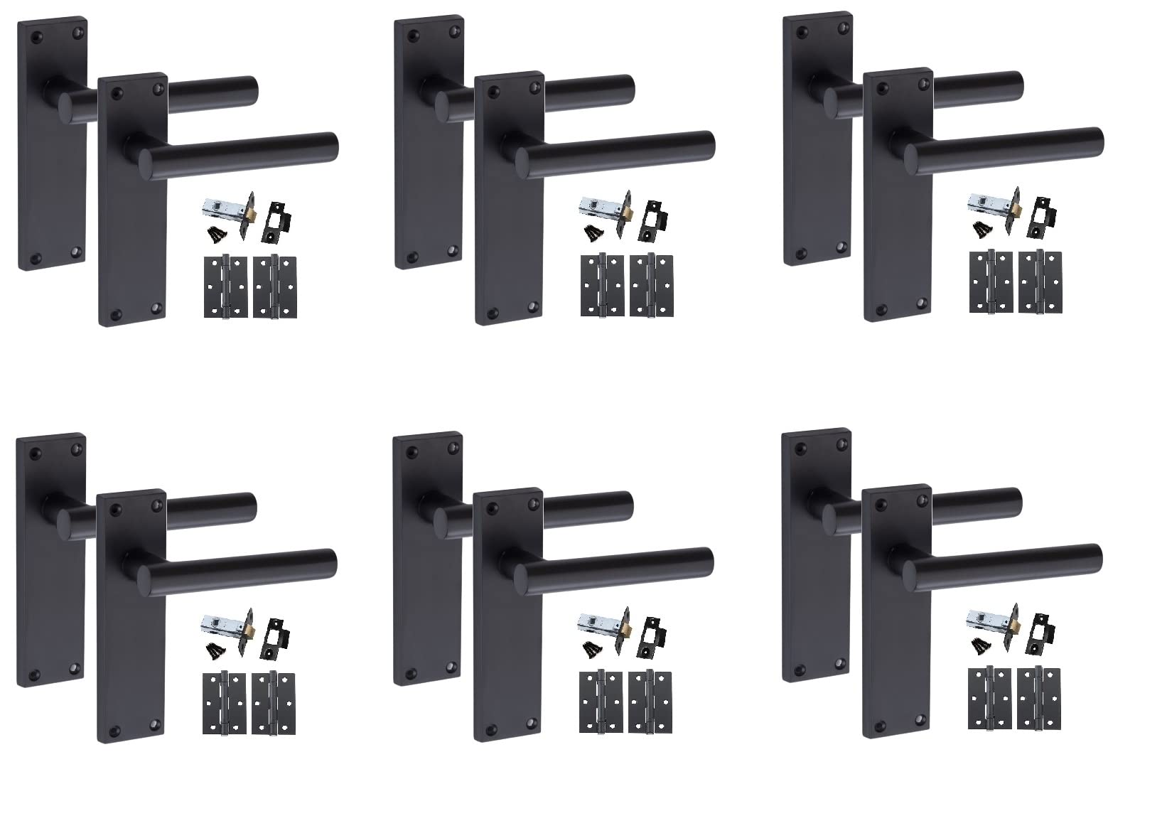 Golden Grace 6 Set Victorian Straight T-Bar Internal Door Handle Latch Matt Black Pair Of 3" Ball Bearing Hinges & Latches Pack 150X40mm from B&Q
