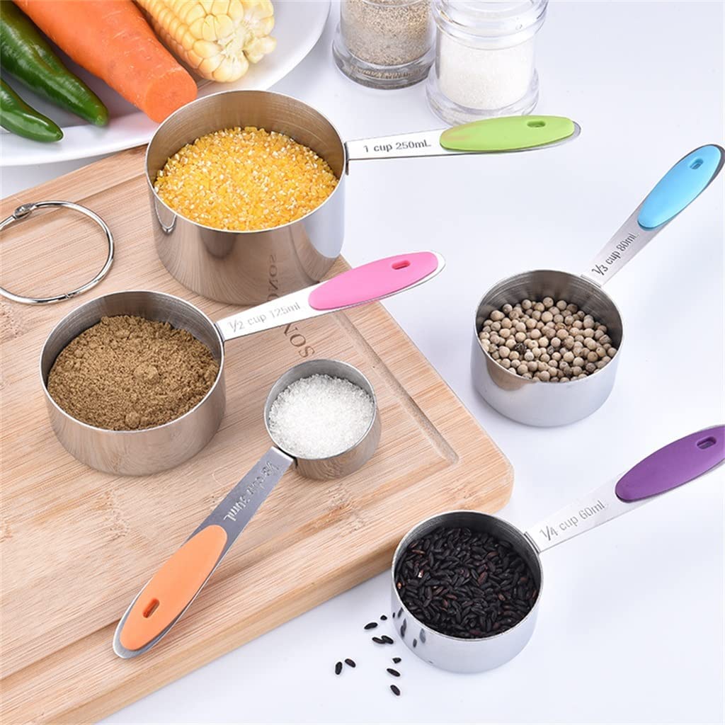 Juego de 10 Tazas y cucharas medidoras de Acero Inoxidable, 5 Tazas medidoras y 5 cucharas medidoras con Mangos de Silicona de Colores (A (A como Muestra la Imagen)