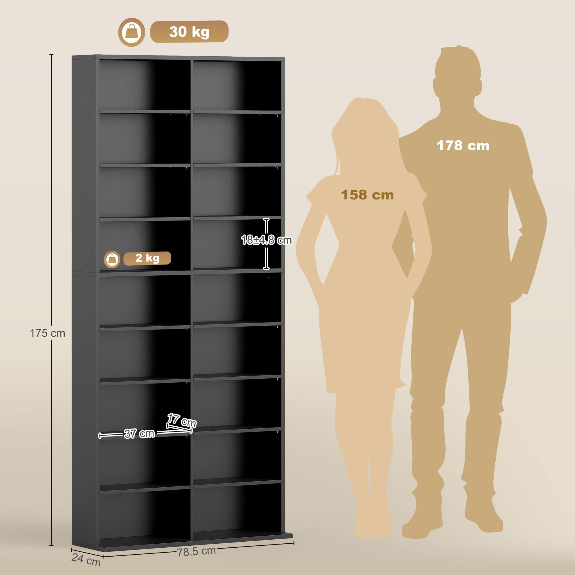HOMCOM Unidad de Almacenamiento de 640 CD/360 DVD, Estante de Almacenamiento Multimedia BLU-Ray con 18 Compartimentos y 14 estantes Ajustables, Torre de CD para Sala de Estar, Dormitorio, Oficina