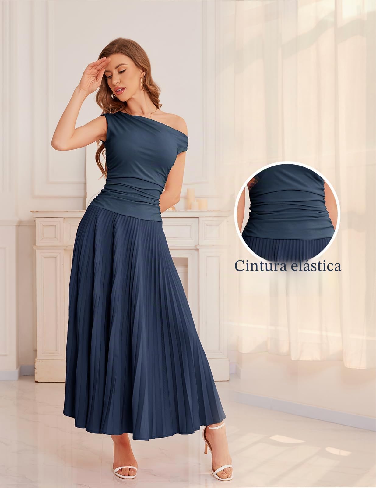 Bbonlinedress Vestido de cóctel largo plisado con un hombro descubierto, formal, para invitada de boda, verano, diario, fiesta