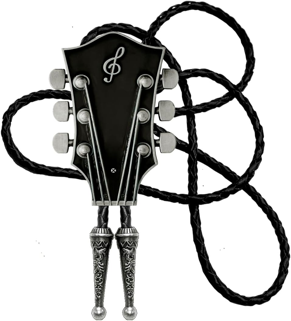 Moranse Bolo Tie With Guitar Music Lover Design Cowboy and Genuine Cowhide Rope