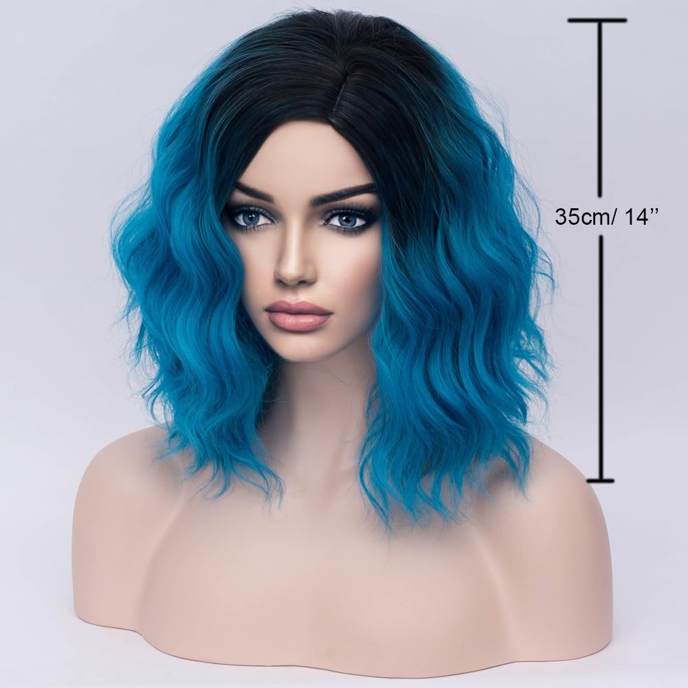 BERON Wigs for Women Short Curly Bob Wavy Wig Girls Ombre Green 14" Body Wave Shoulder Length Hair Wig Heat Resistant Synthetic Halloween Cosplay Daily Party Wigs: Black to Blue