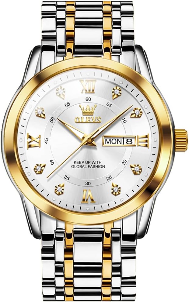 Men's Watch Luxury Business Dress Watch UK Diamond Design Quartz Stainless Steel Waterproof Luminous Week Calendar Gift