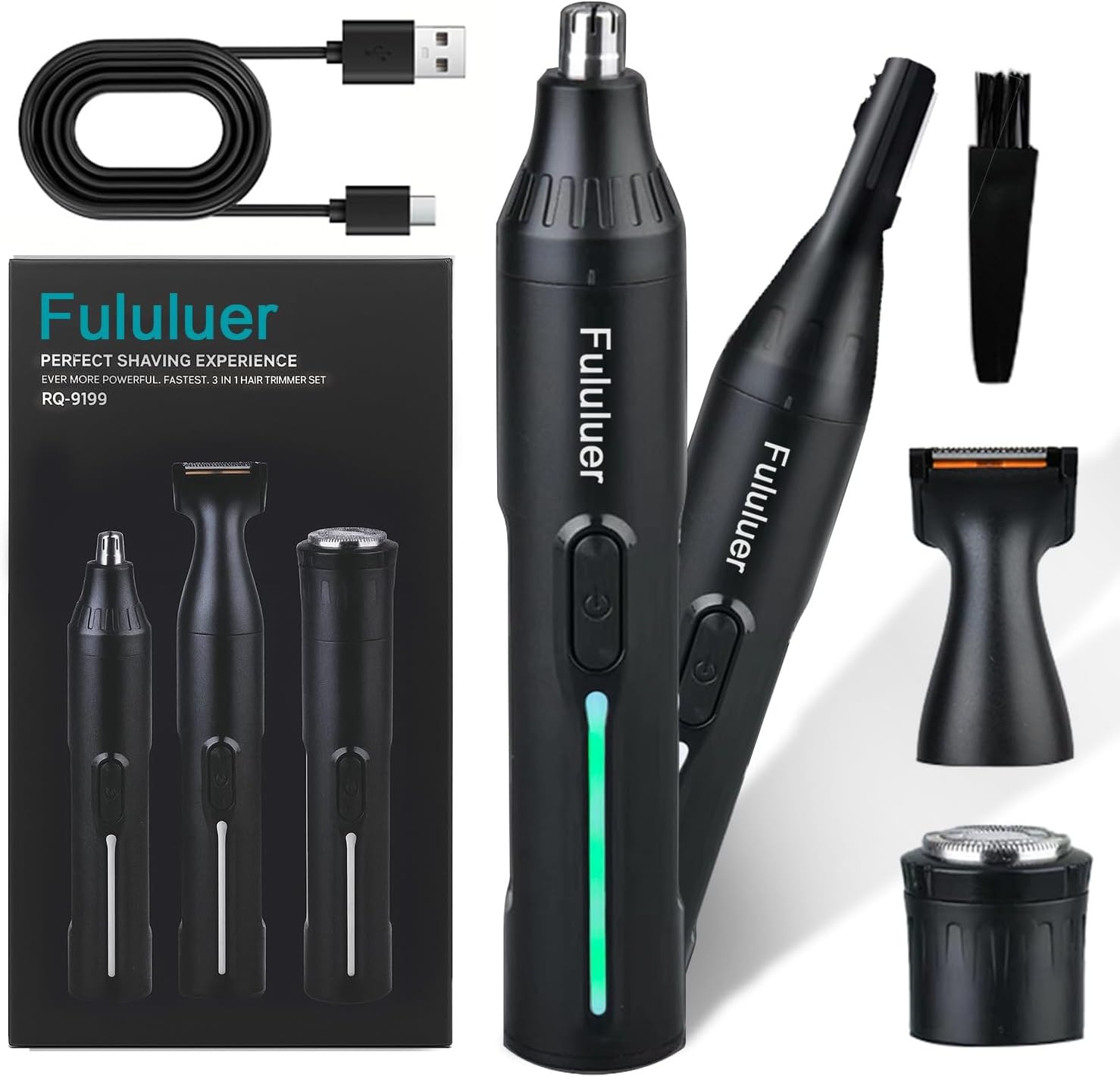 Fululuer 4-in-1 Nose Hair Trimmer for Men & Women: Rechargeable Ear, Nose, Eyebrow, Beard Trimmer 8500 RPM USB-C Washable Jet Black