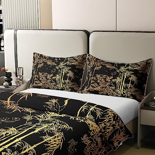 Loussiesd Luxury Black Gold Cotton Duvet Cover Set King Size Bamboo Bedding Set for Man Woman Senior Bedroom,Eastern Botanical Comforter Cover Set Set Oriental Gift Quilt Cover Fashion Decor 3 Pcs - Image 4