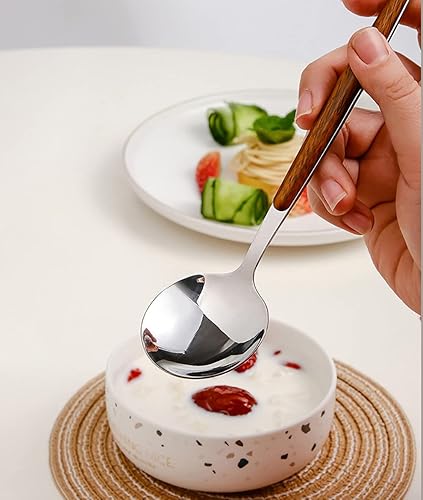 Miniatura 5 de Juego de cubiertos de 90 piezas con mango de madera sintética, juego de cubiertos de acero inoxidable, juego de cubiertos para 18 tenedores,