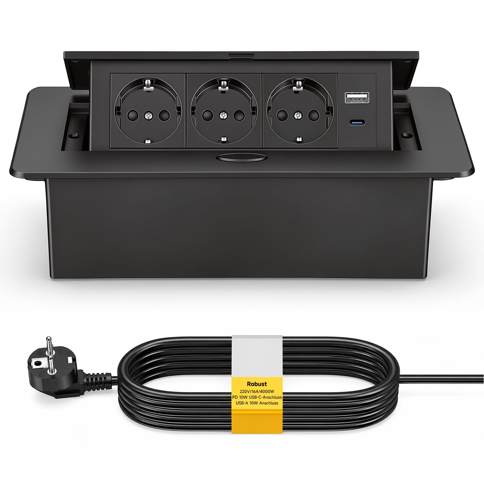 Enchufe Empotrable Mesa, Regleta Empotrable Base Múltiple Retráctil para Escritorio/Mesa Toma Empotrada con 3 Tomas Schuko + 2 USB (1 Tipo A + 1 Tipo C), Cable de 1,8 m, Negro