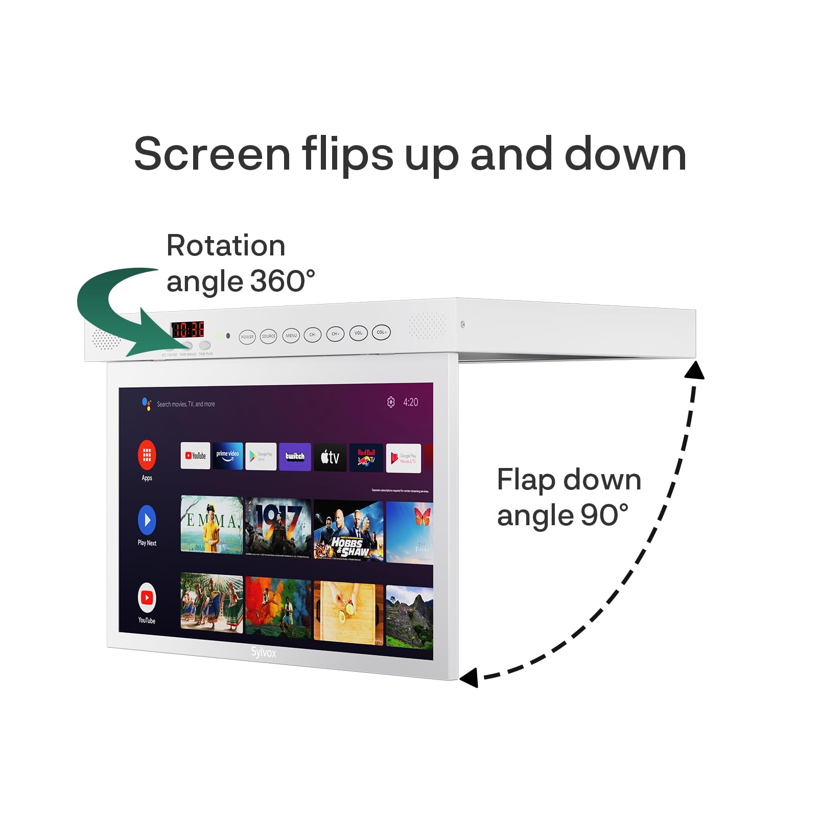 SYLVOX TV de Cocina Plegable 15.6", 90° Ajustable, 1080P, Smart con Google TV,12V Mini Televisor con Rotación 360° | DVB-C/S2/T2 | Wi-Fi | Bluetooth | para Cocina, Camping, Dormitorio(Blanco)