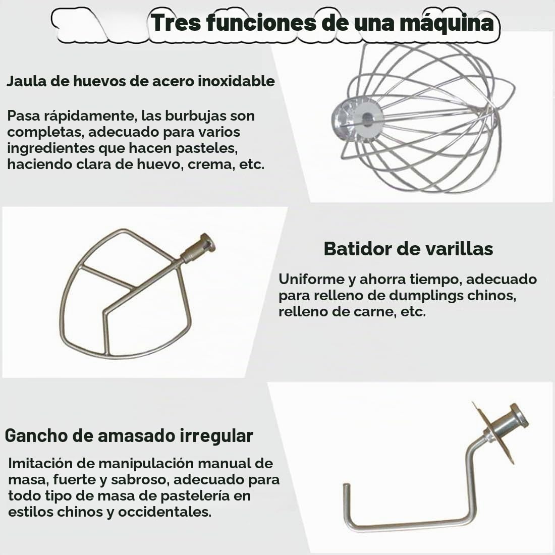 Amasadora profesional de 5 kg, batidora de pie eléctrica comercial, 1500 W, de acero inoxidable, para amasar harina, verduras y verduras con tazón inclinable a 90°.