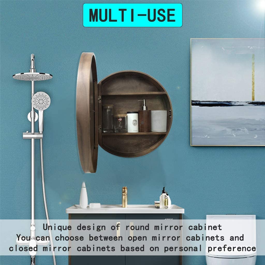 Mobiletto da Bagno con Specchio Rotondo Moderno in Legno con Design 2 in 1, Finitura Noce alla Moda per Gli Amanti del Trucco, Diametro 60 cm