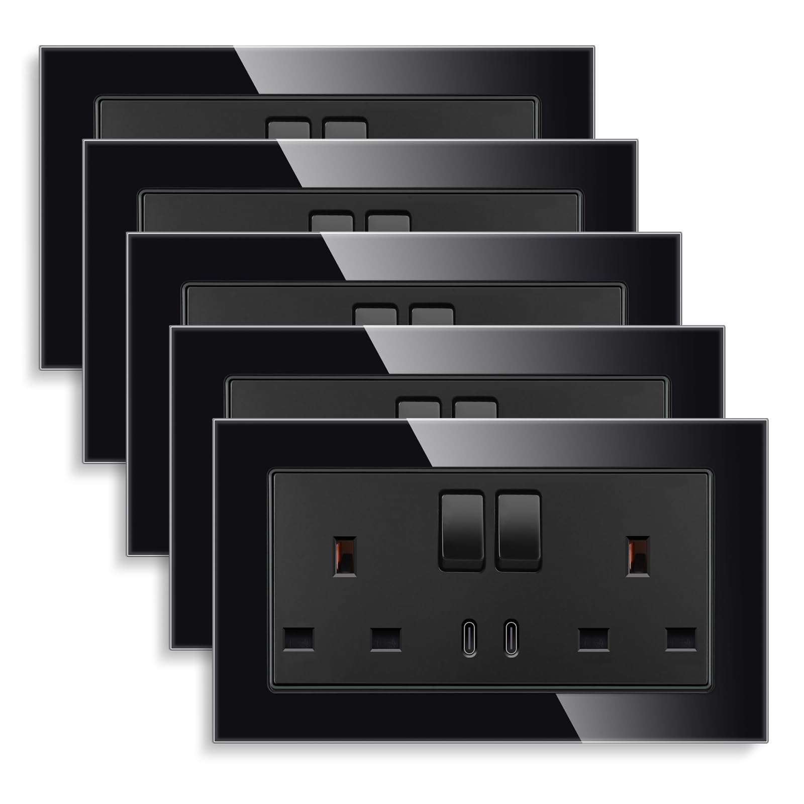 5 Pack CNBINGO Double Switched Power Glass Socket with Two Type-C USB Ports, 20W Fast Charging, 13 Amp Electrical Wall Socket, Black Glass Wall Plate