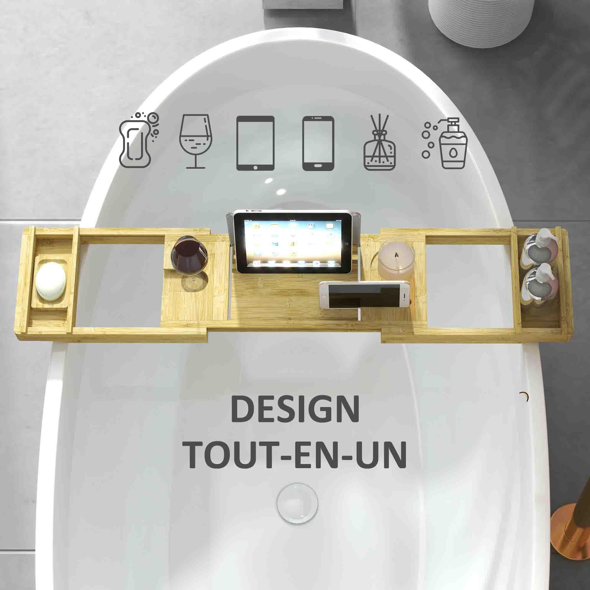 HOMCOM Pont étagère Plateau de Baignoire Extensible en Bambou avec Support gobelet et Porte-Savon, Tablette 75-109 x 23 x 4,5 cm Effet Bois Naturel