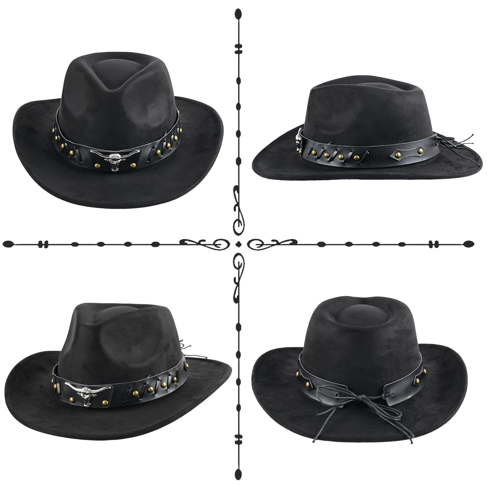 Chapeaux Western Ajustables en Daim Denim pour Homme et Femme, Chapeaux de Cowboy à Large Bord, Chapeaux Western pour Femme (Noirs)