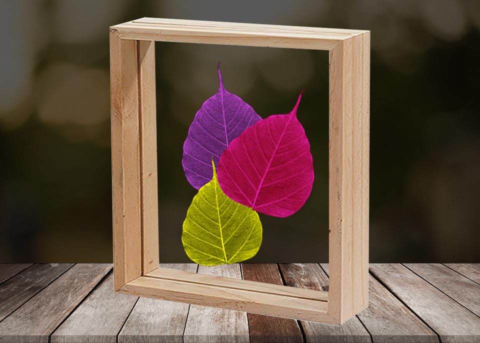 Image of Desi Rang Wooden Frame for Wall Decor Table top Hanging Any Green or dry plant Leaf Picture Photo DIY Gift Home decoration (Natural,Sqr,7x7 inch,with random peepal colored leaf)