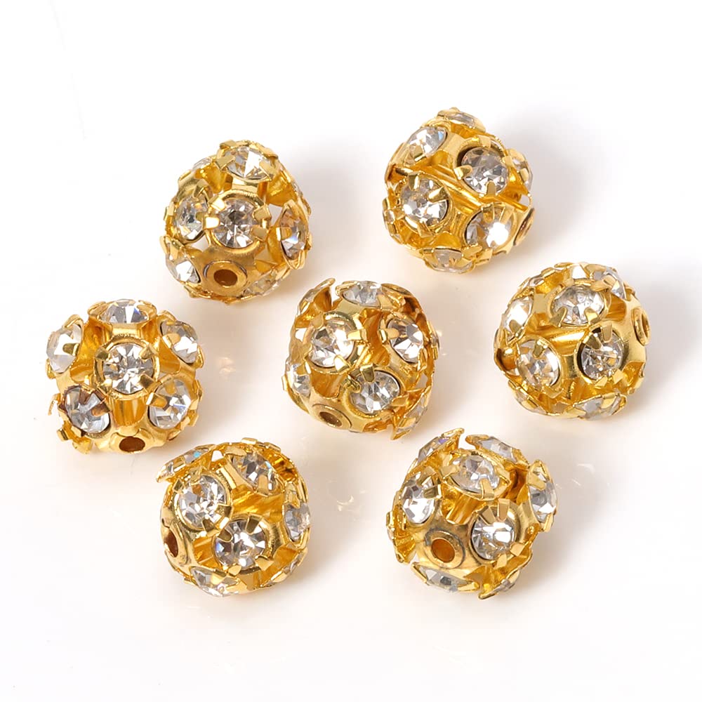 30pcs Rhinestone Beads Ball Copper Plated Glass Imitate Crystal Round Spacer Loose Beads DIY Accessories for Jewelry Making (Color : Gold, Size : 10mm)