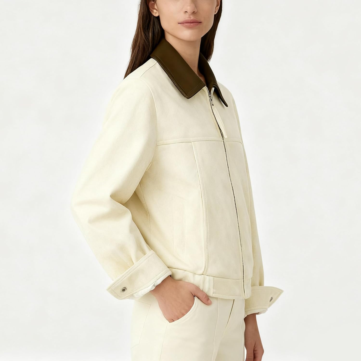 Women's Faux Suede Cropped Jacket Contrast Collar Zip Up Utility Barn Coat Trendy Fall Outwear - Image 3