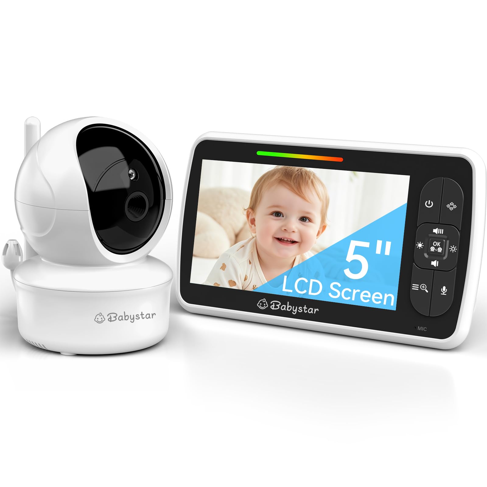 Babystar Baby Monitor with Camera and Audio, 5" Large Screen No WiFi, 3000mAh Battery, Remote Pan-Tilt-Zoom Camera, Night Vision, 2-Way Talk, VOX, 300m Long Range, Soothing Sounds