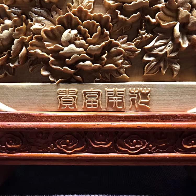 Mascot Wooden Crafts Wood Carving Art Wood Decoration Artwork 太行崖柏家居摆件 花开富贵 牡丹诗 前程似锦 幸福吉祥立体感强(花开富贵-牡丹诗 20-17-4（cm）)