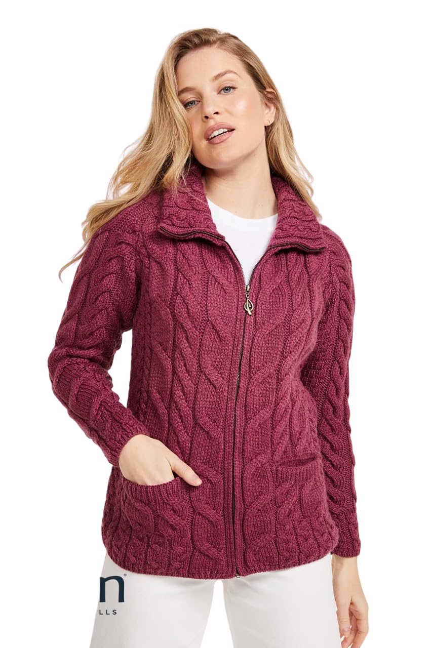 Aran Woollen Mills Merino Wool Irish Zip Up Faux Mock Neck Cardigan Sweater Made in Ireland, Marmalade, XL