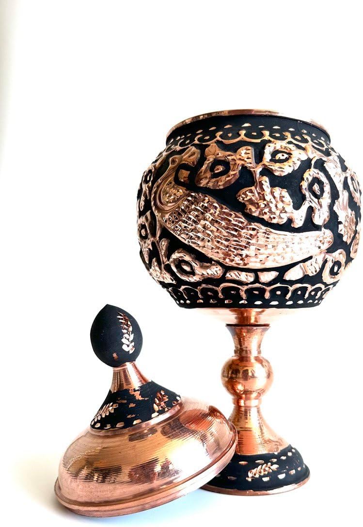 Handmade Copper Sugar Chocolate Candy Bowl with Stand, Serving Dish with Lid Sugar Container, Sugar Dish with Lid, Salt Bowl, Sugar Holder for Coffee Bar (Gultas Big Bowl) (Copper)