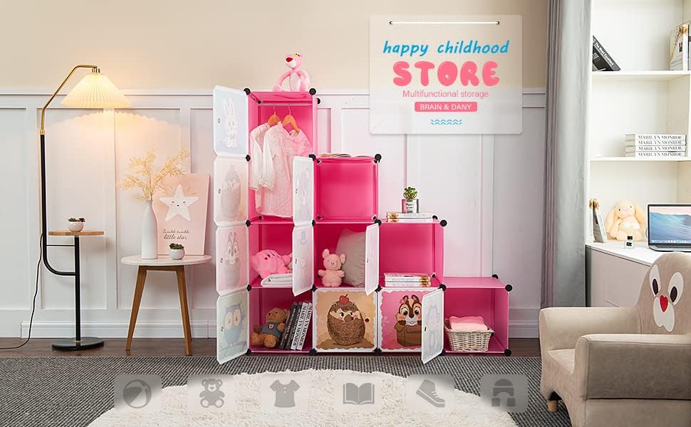 BRIAN & DANY Cartoon Clothes Closet Wardrobe DIY Modular Storage Organizer, Sturdy and Safe for Children, 8 Cubes & 2 Hanging Sections, Pink, 110 x 47 x 147 cm