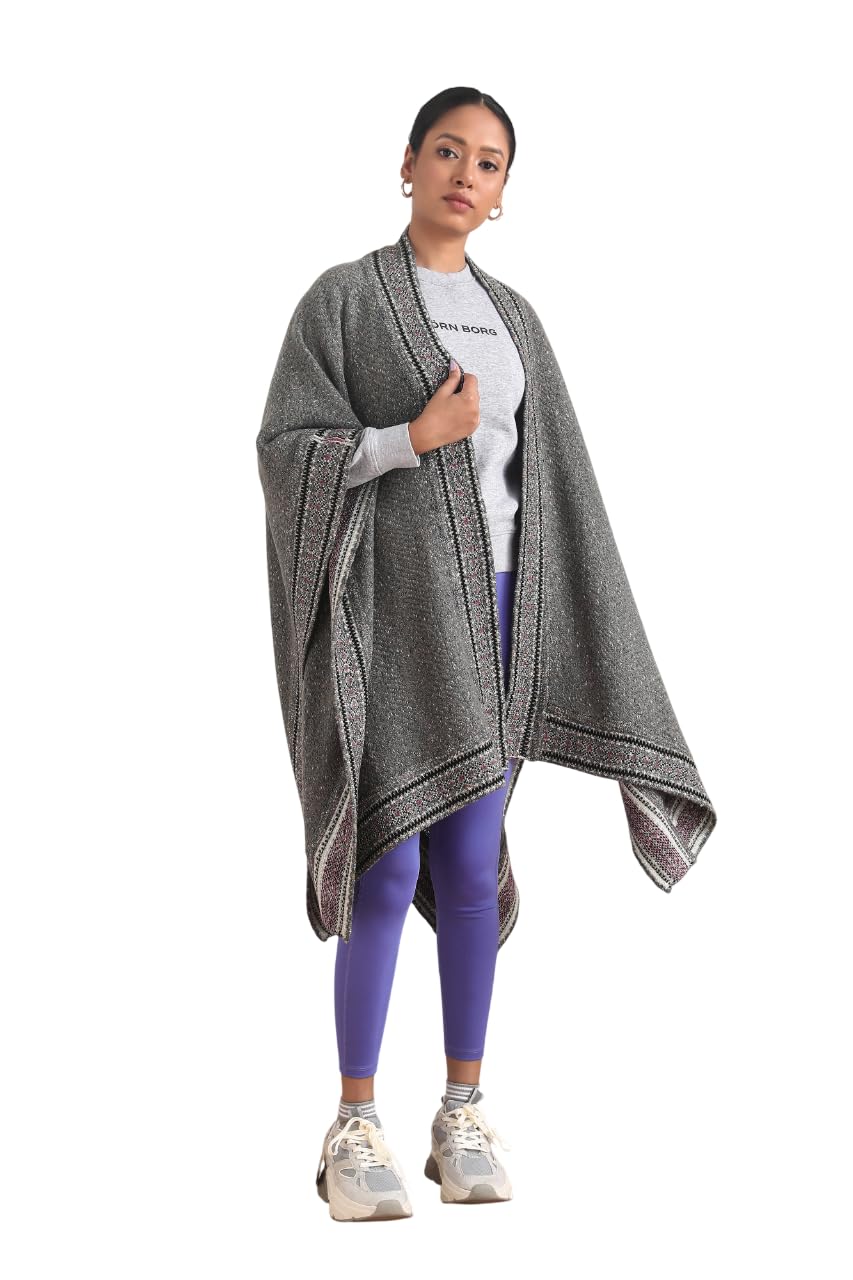 Women’s Cape Wool Outerwear | Draped Cape Style Layer with Open Front Shawl Design | Woolen Textured Fabric with Contrast Border Detailing | Contemporary Indo-Western Fashion, Grey-image-18