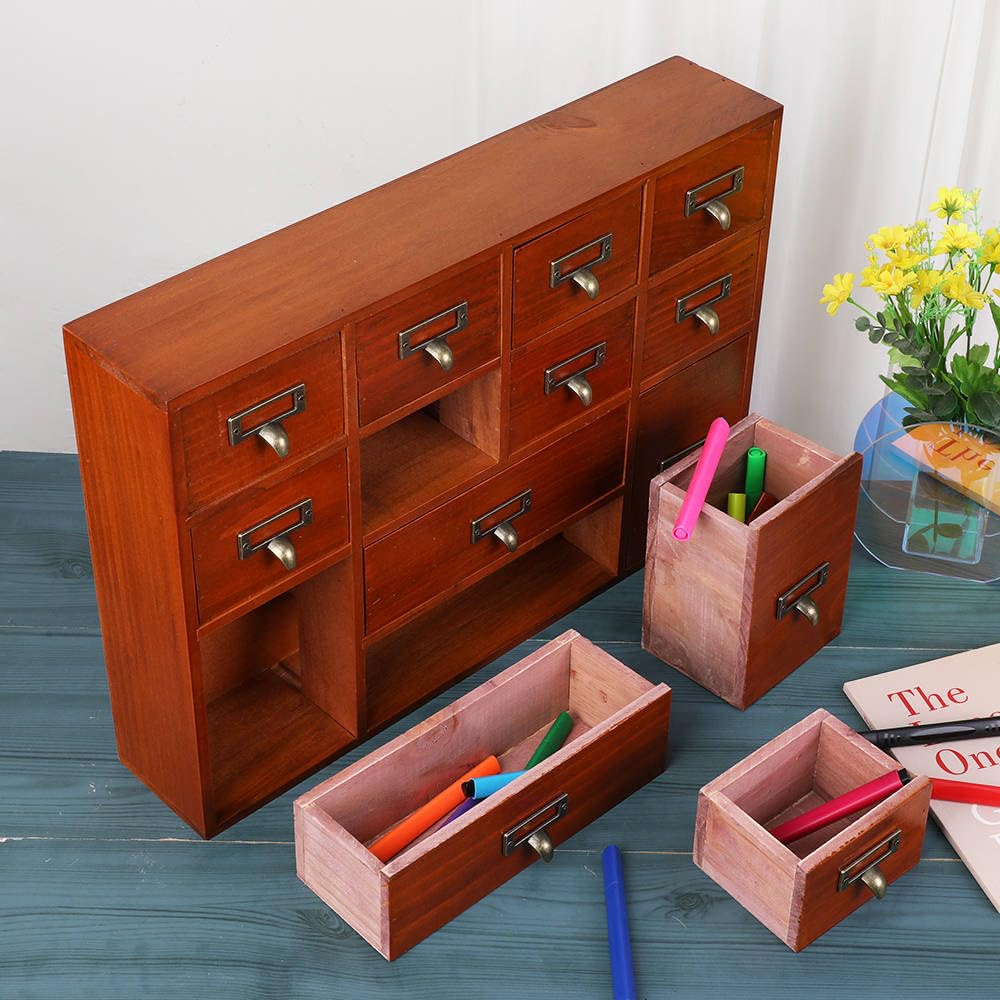 Apothekerschrank mit 12 Schubladen, Tisch-Apotheker-Schubladen, Bibliothekskarten, Katalogschrank, Medizinschränke, Holz, Schreibtisch-Organizer, Holz-Aufbewahrungsbox (braun)