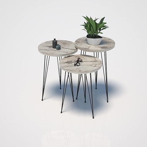 Miniatura 4 de PAK HOME Juego de 3 mesas auxiliares anidables de mármol blanco, mesas auxiliares redondas de madera apilables con patas de metal para sala de