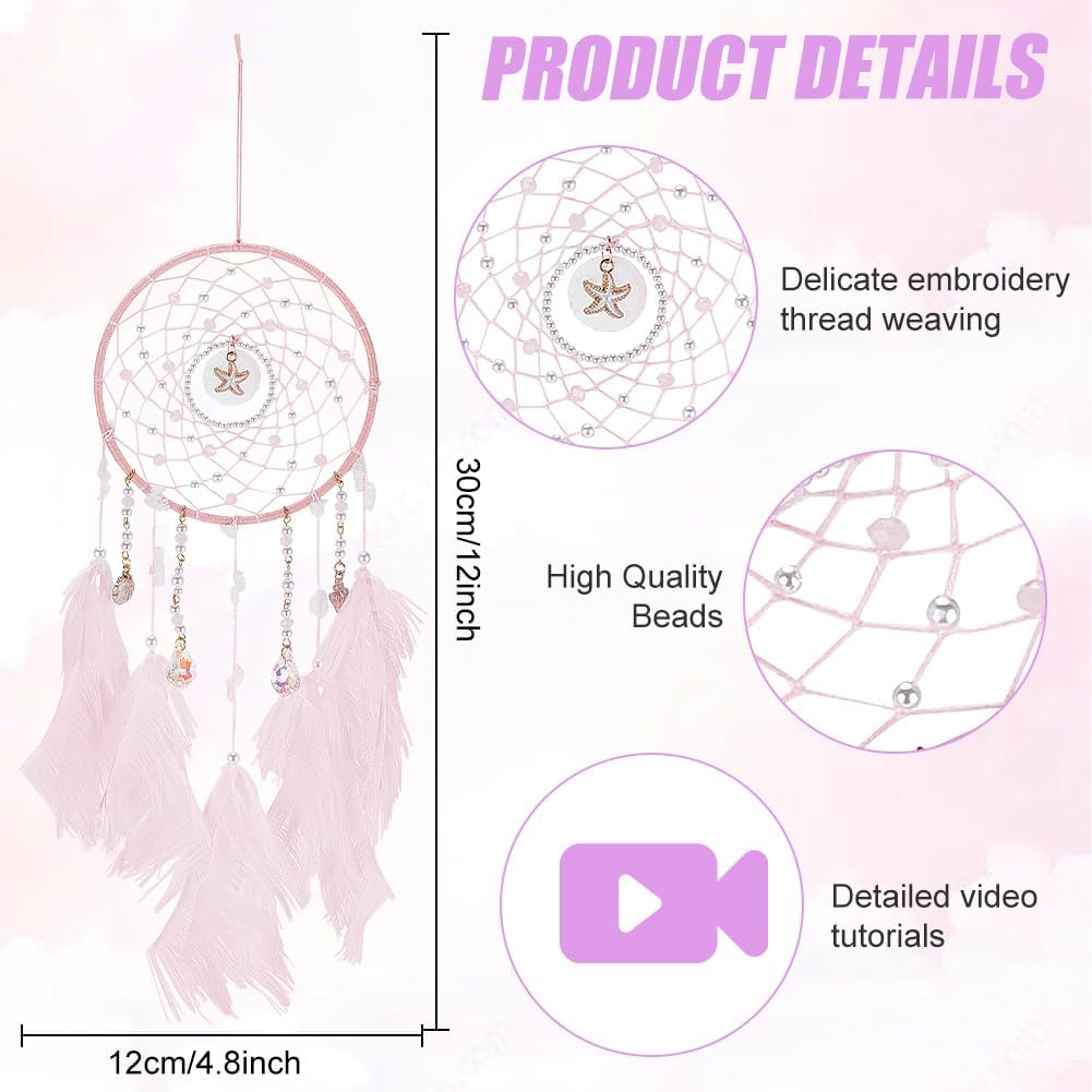 INFUNLY 2PCS Large Dream Catchers Ocean Pendant Dream Catcher Kit DIY Pink Dream Catcher Ocean Themed Blue Dream Catcher for Room Decor Beaded Feather Handmade Dream Catcher Kit for Wall Hanging Decor