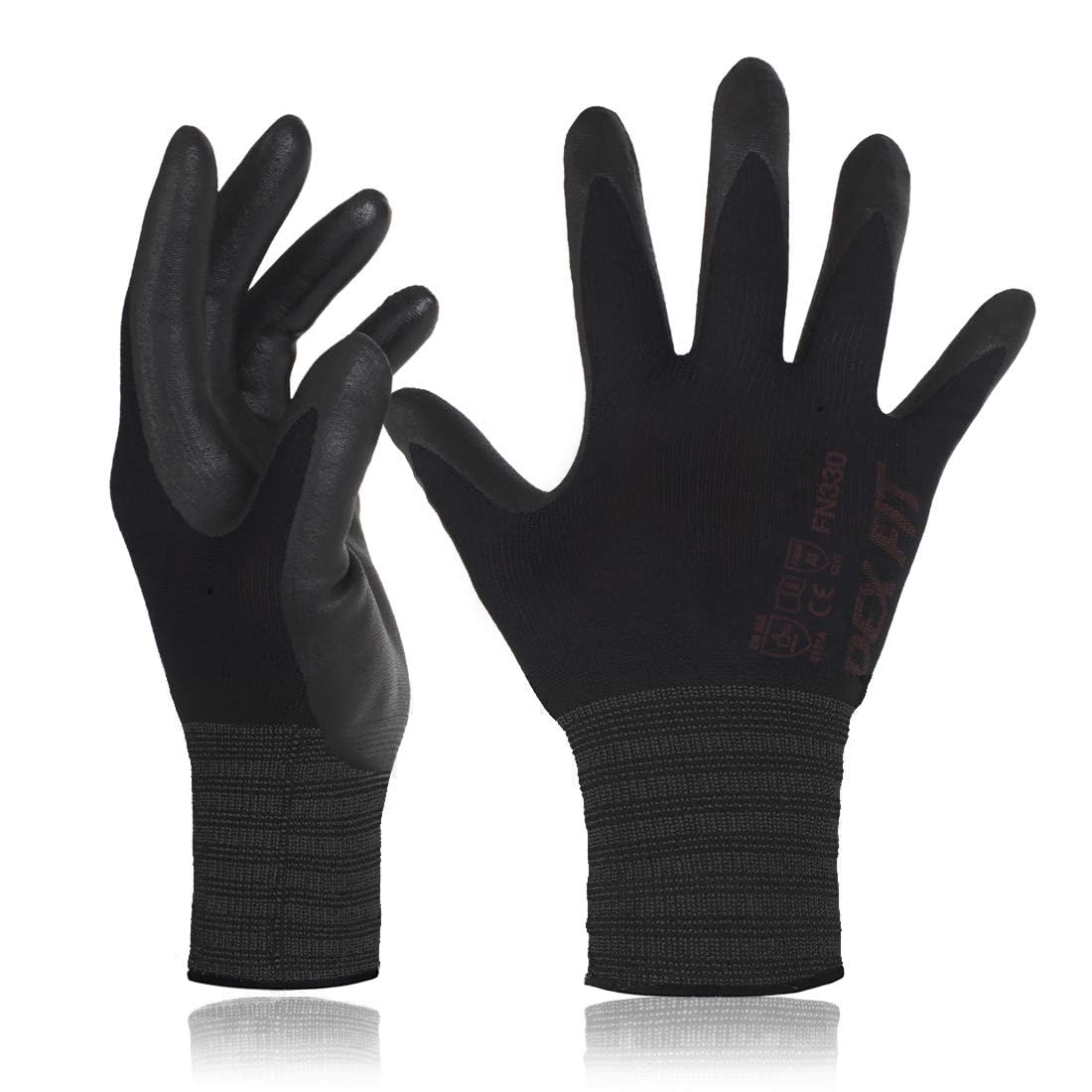 DEX FIT Nitrile Work Gloves FN330, 3D Comfort Stretch Fit, Power Grip, Smart Touch, Durable Foam Coated, Thin & Lightweight, Machine Washable, Black X-Large 3 Pairs Pack