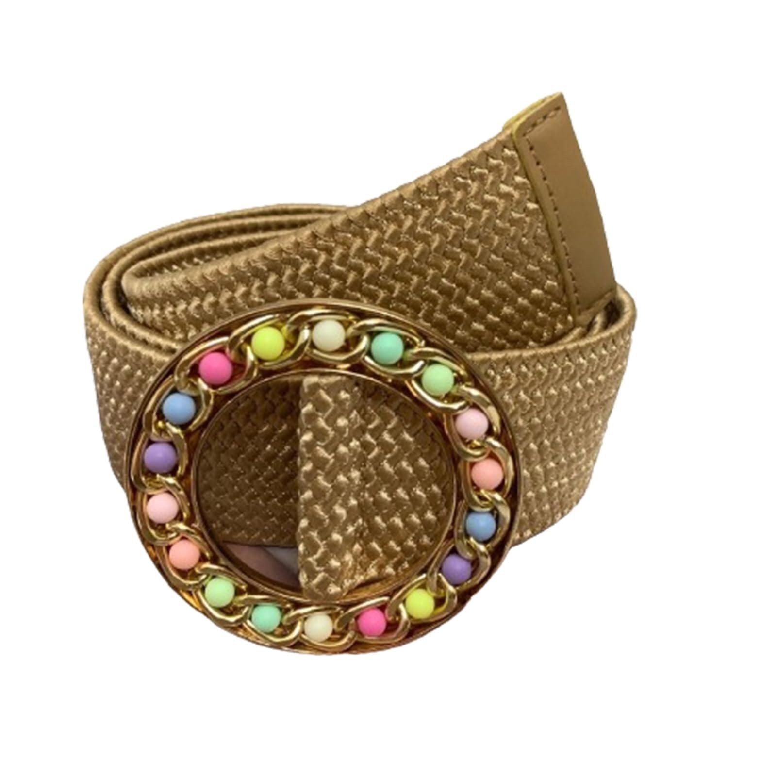 Straw Woven Women Belt Elastic Stretch Rattan Waist Strap Shiny Gold Buckle Inlays Multi-colored Beads Dress Band
