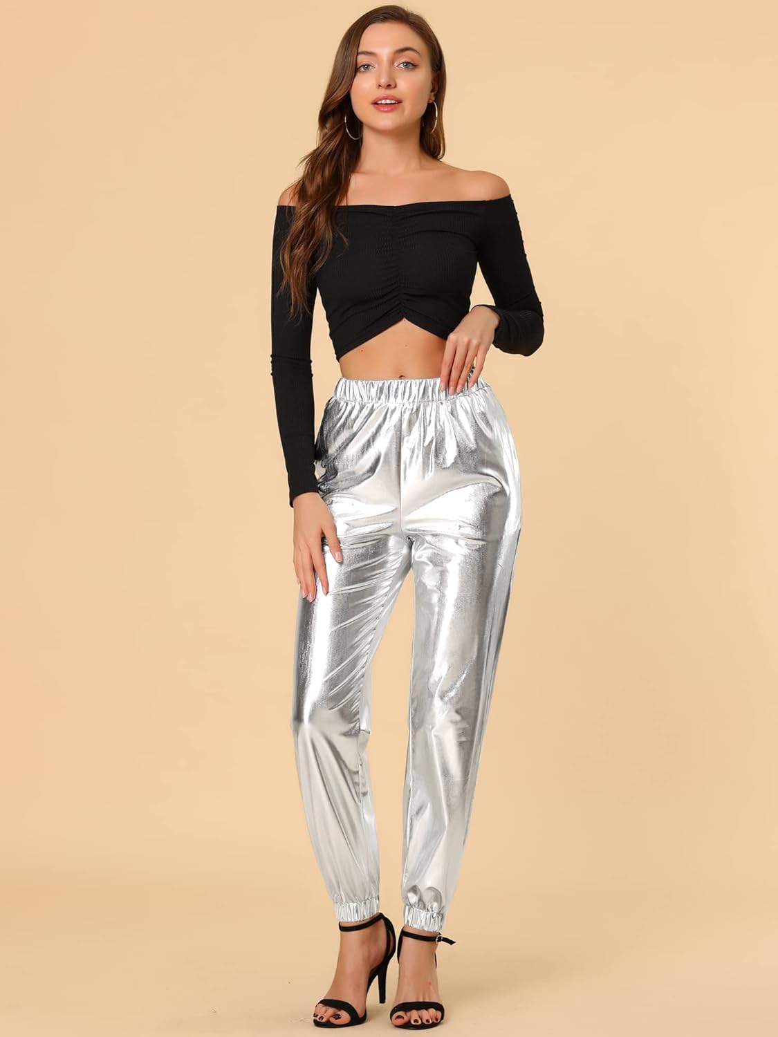 Allegra K Women's Metallic Trousers Christmas Shiny Sparkle Elastic Waist Holographic Pants - Image 2