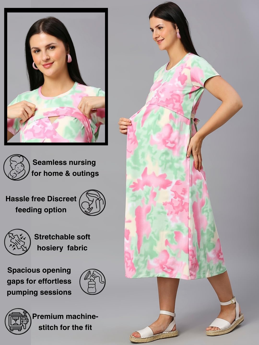 True Shape Maternity Gown for Women | Stylish Zipless Feeding Kurta with Breastfeeding Access & Side Pockets in Knitted Hosiery for Pre & Post Pregnancy(TSH-188-L, Han Pink) 1