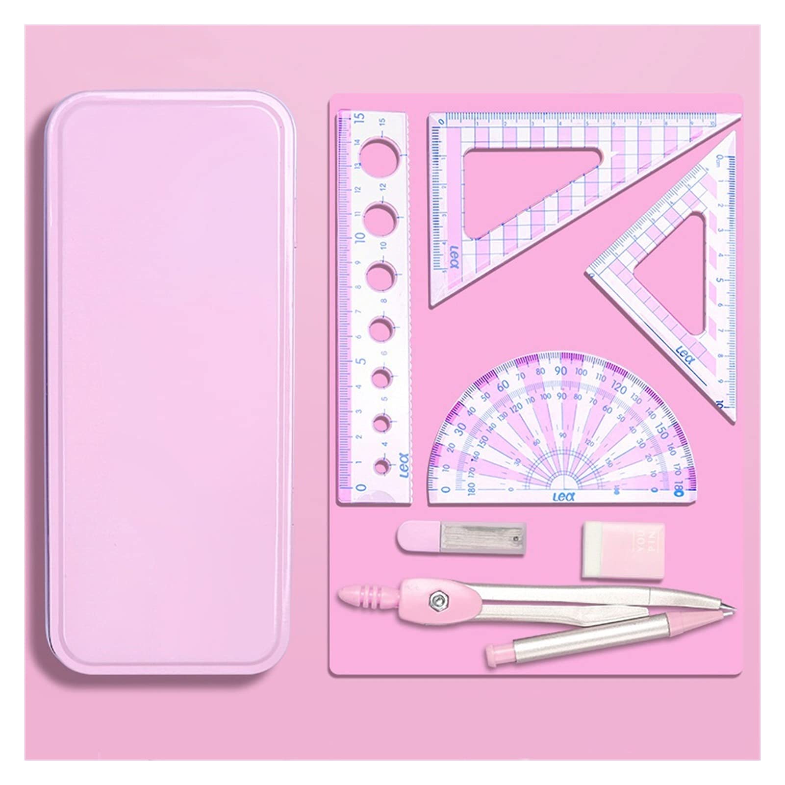 SwePer Kompasse Multifunktionale Kompasse – Zirkel Lineale Radiergummi Mathe-Set Schule Zeichenwerkzeug-Set for Studenten Bürobedarf Messwerkzeuge (Color : Pink)