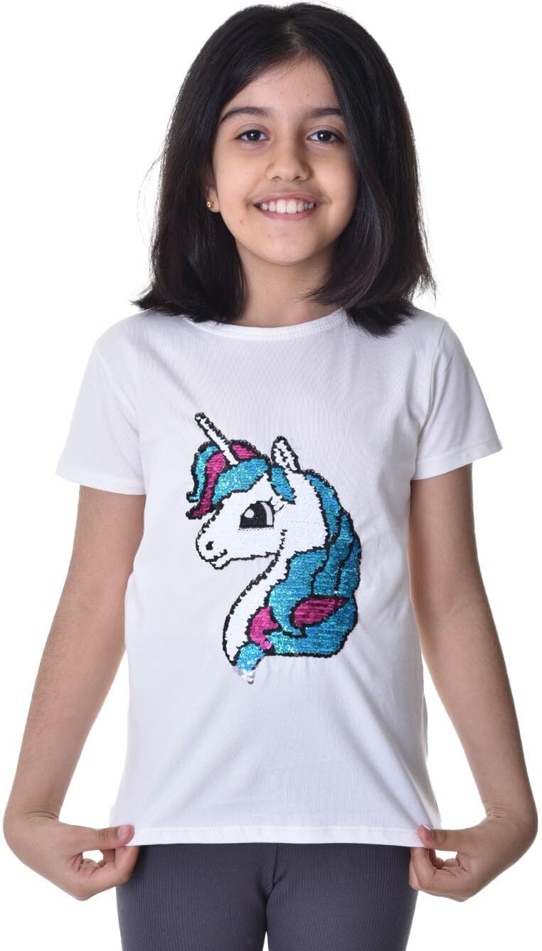 Generisch Unicornio 1 Niños Niñas Reversible Lentejuelas Camiseta Larga Blusa Manga Corta Túnica 100% Algodón