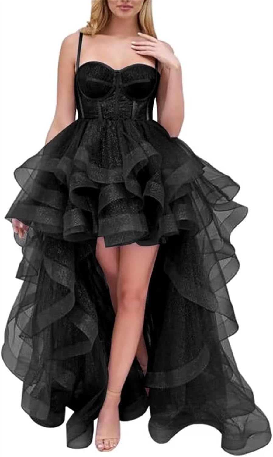 KURFACE High Low Layered Tulle Prom Dresses Long Spaghetti Straps Formal Dress Ball Gown 2024 Black UK8