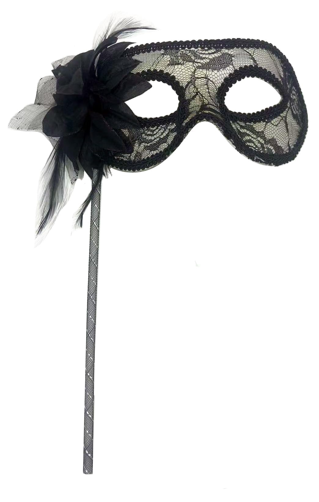 AZYOUNG Women's Christmas Halloween Feather Flower Translucent Lace Plastic Masquerade Mask on Stick - Black - One Size — image 1