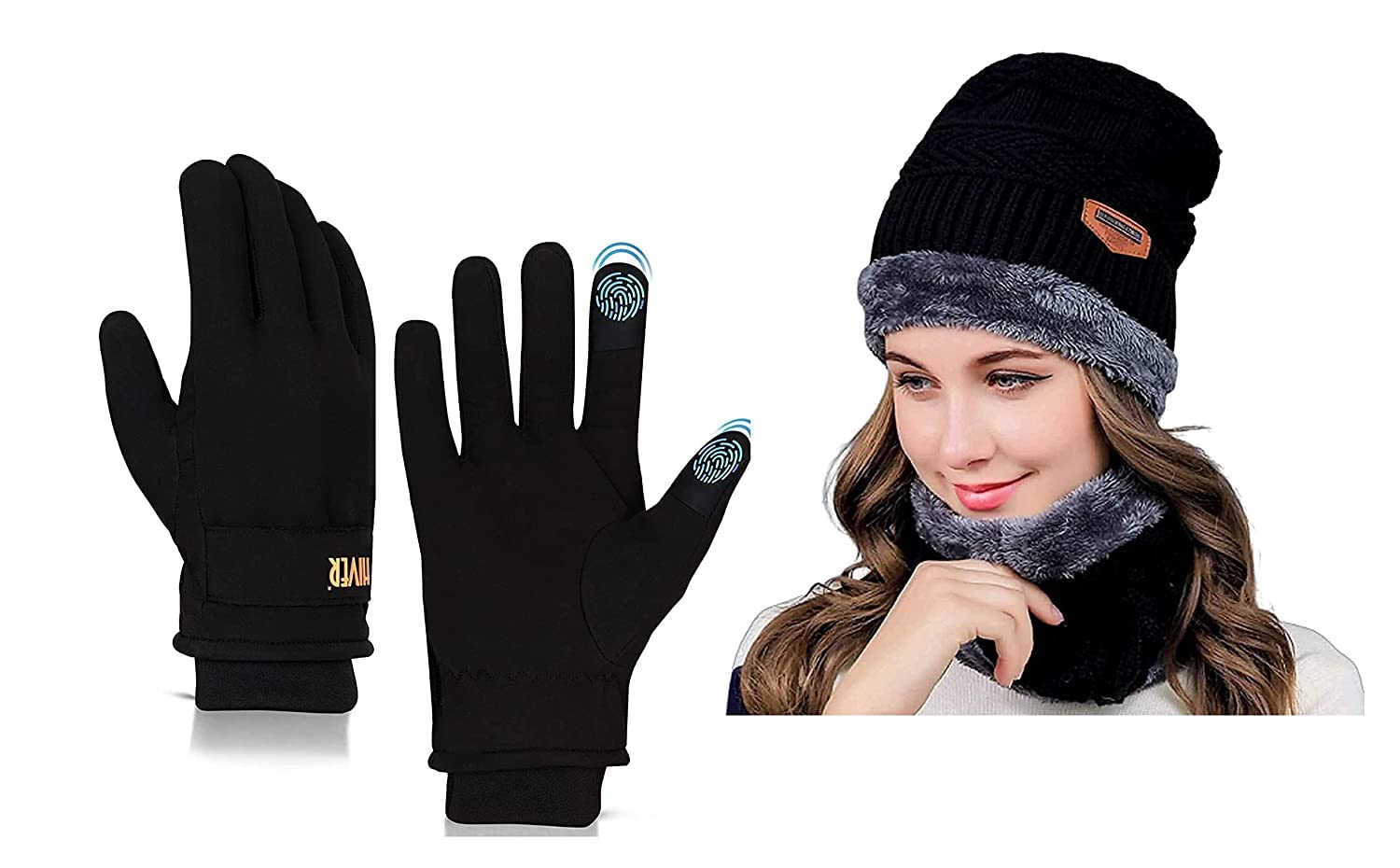 HIVER Combo of Beanie Black Cap and Womens Gloves Touchscreen Waterproof | Winter Gloves for Women with Beanie Cap | Trekking Snow Gloves for Minus Degrees (Small, Black)-image-16