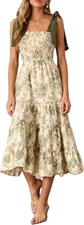 Women Y2k Floral Smocked Maxi Dress Bow Tie Shoulder Tiered Ruffle Midi Sun Dress Boho Casual Beach Long Dresses