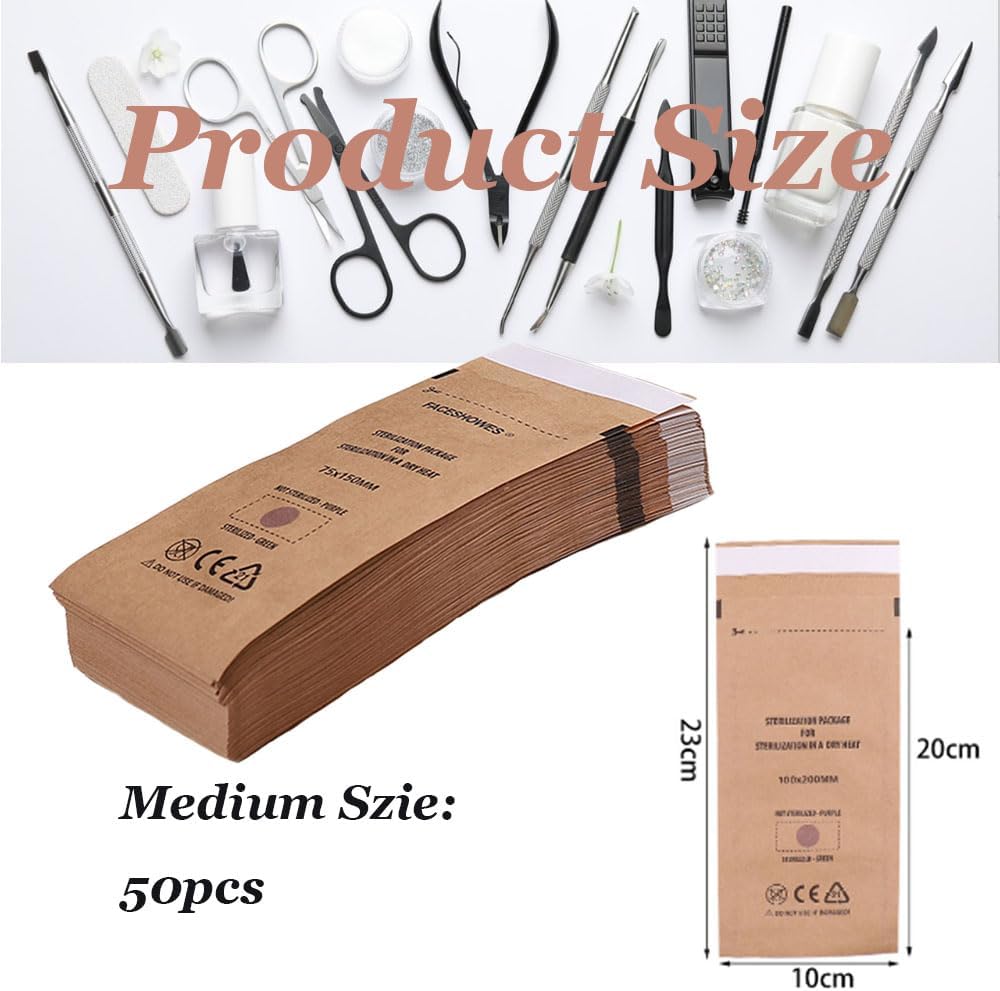 Self-Sealing High Temperature Sterilization Dry Heat Kraft Paper Sterilization Pouches Beauty Nail Salon Barbershop Tools Self-Sealing Sterilization Bags (50pcs Medium)