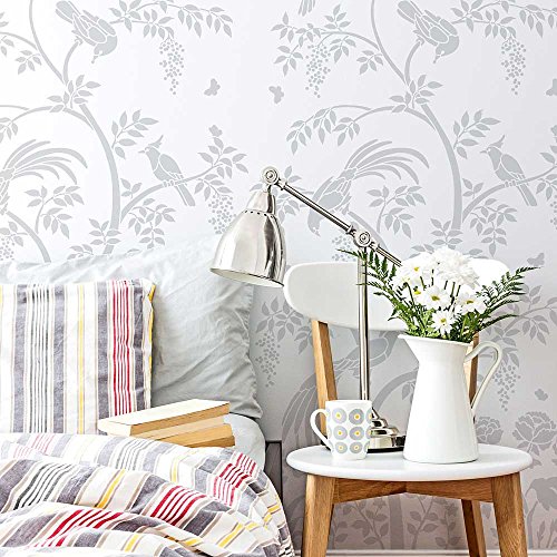 Birds and Berries Chinoiserie Wall Mural Stencil – Large Reusable Stencil for Painting Wall Mural – DIY Wallpaper Alternative for Home Decor (Small)