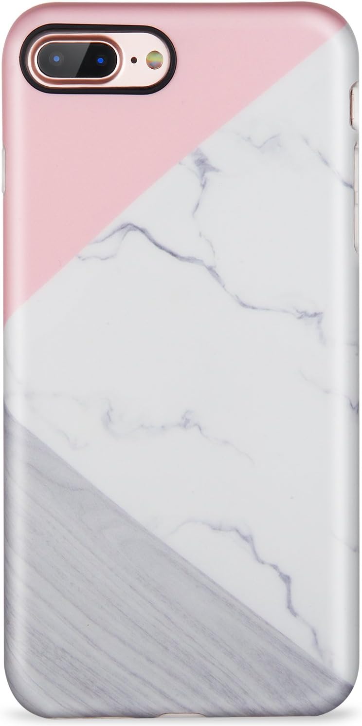 iPhone 7 Plus Case,iPhone 8 Plus Case, Grey Wood White Marble pink for Girls Women Slim Fit Glossy TPU Cute Clear Bumper Soft Rubber Silicone Thin Protective Phone Case Cover for iPhone 7 Plus 8 Plus