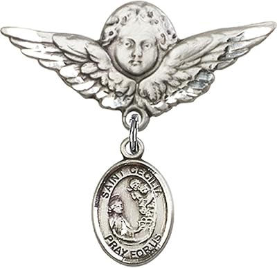 Sterling Silver Baby Badge with St. Cecilia Charm and Angel w/Wings Badge Pin 1 1/8 X 1 1/8 inches
