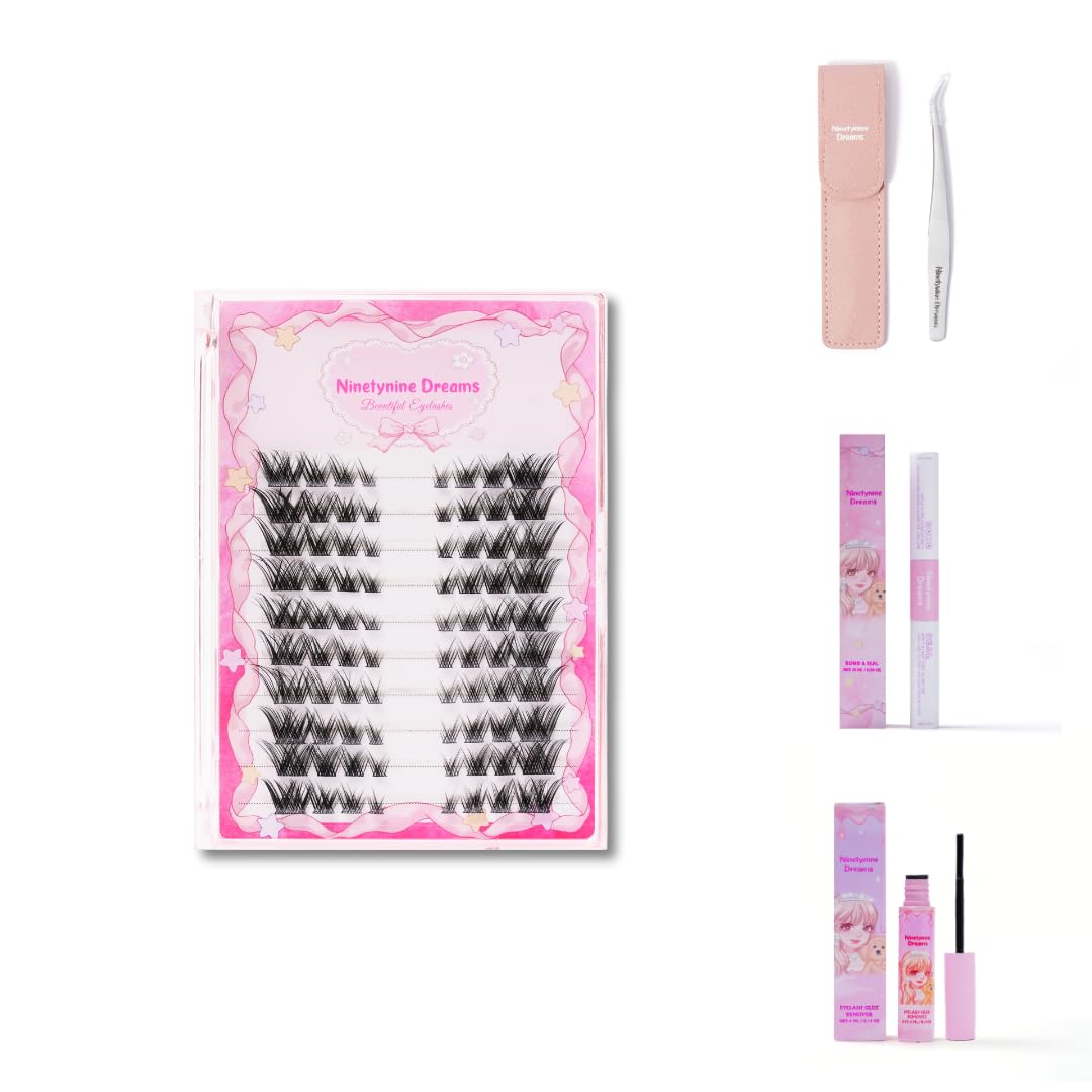 Ninetynine Dreams 80PCs Foxy Lashes Cat Eye DIY Wispy Lash Clusters 8-13mm C+ Curl Beginner Friendly Reusable Waterproof Siren Eyelashes Thin Comfortable Band 1 Pack + Accessories (Bond & Seal)
