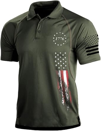 HARGLESMAN Mens Patriotic T-Shirt Plus Size Fashion Summer Outdoor Activities Tactical Sports Polo Collar Cssual Tee Quick Dry Button Down American Flag Stars Printed Tops Green 4XL