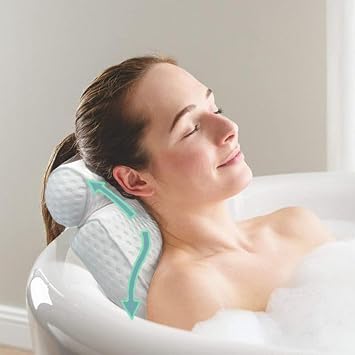 Bath Pillow for Bathtub - 7 Strong Suction Cups & Hook, 4D Air Mesh Head Neck Back Support, Quick Dry Luxury Spa Cushion, Fits All Bathtubs and Hot Tubs White
