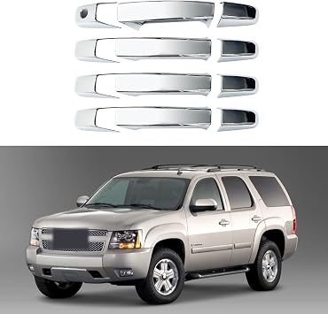 Chrome Door Handle Covers Trim Compatible with Chevrolet Silverado Tahoe Suburban Avalanche 2007-2013 GMC Yukon Sierra 2007-2014 Cadillac Escalade 2007-2014 For 4 doors Without Passenger Keyhole