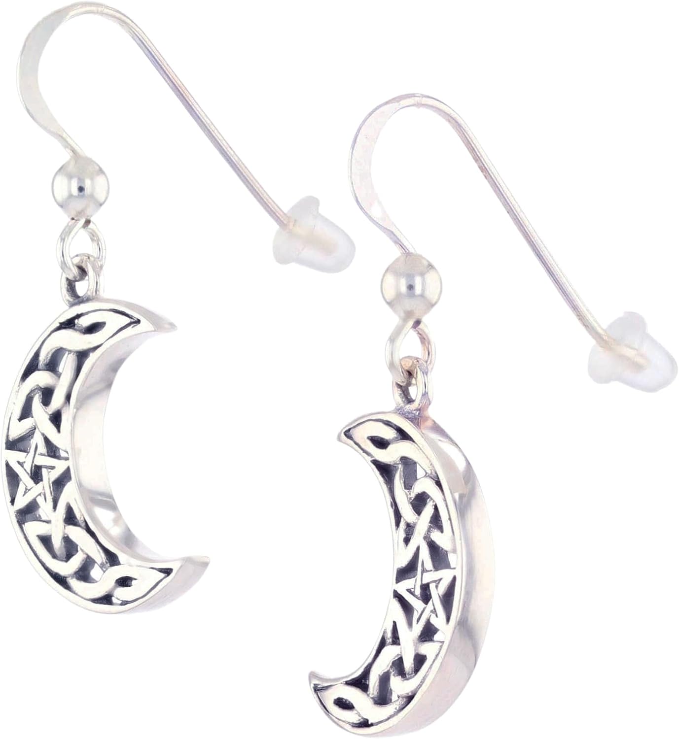 Jewelry Trends Sterling Silver Celtic Knot Crescent Moon and Star Pentacle Dangle Earrings