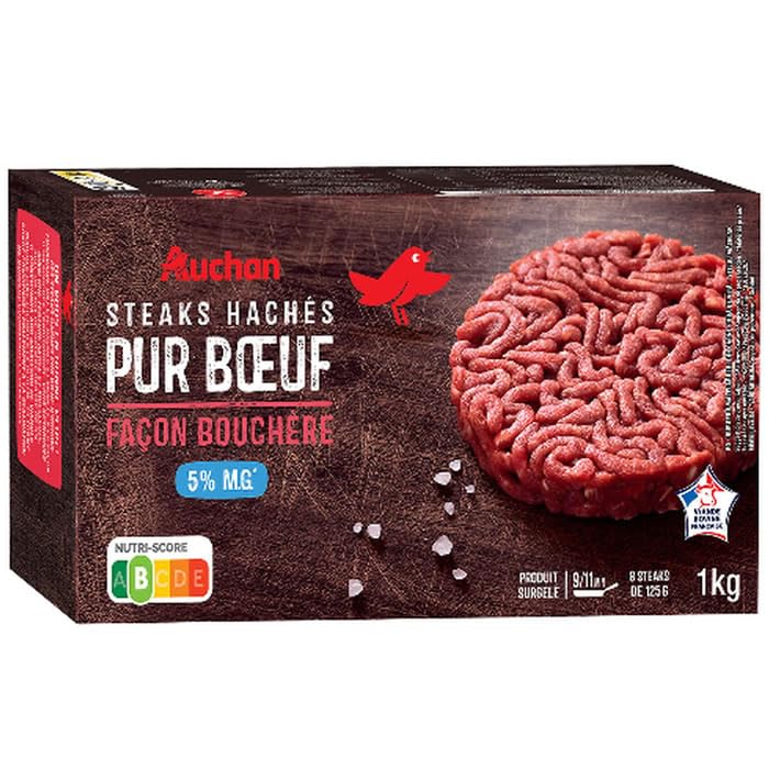 AUCHAN Steaks hachés pur boeuf 5% M.G façon bouchère 8 x 125 g